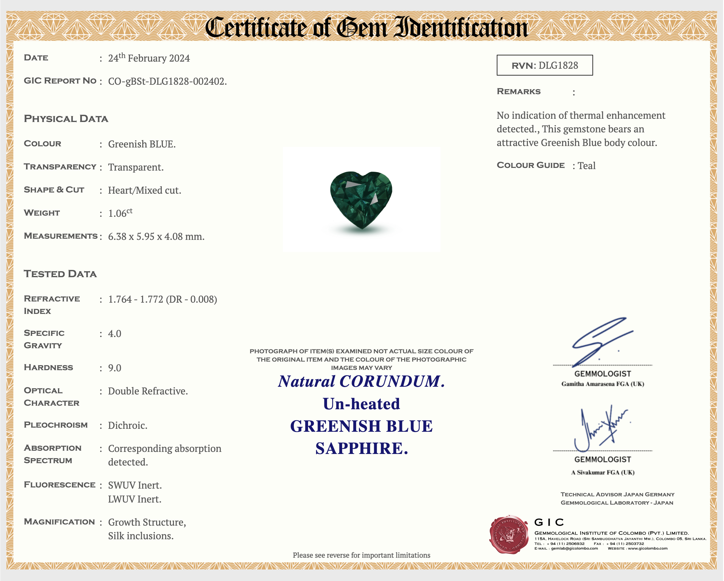 1.06 ct Teal Sapphire Heart Natural Unheated Birthstone