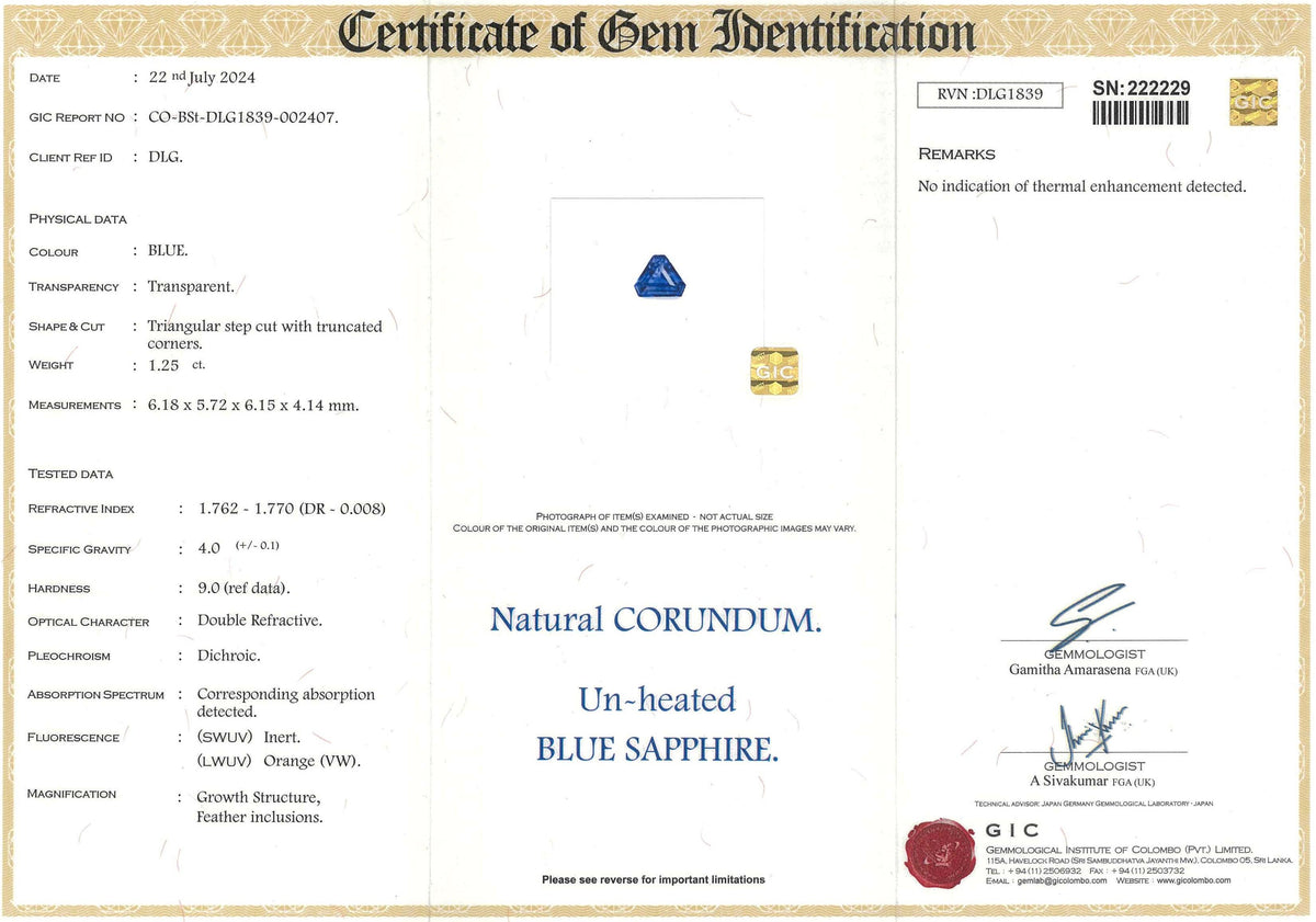1.25 ct Ceylon Blue Sapphire Triangular Shield Cut Unheated