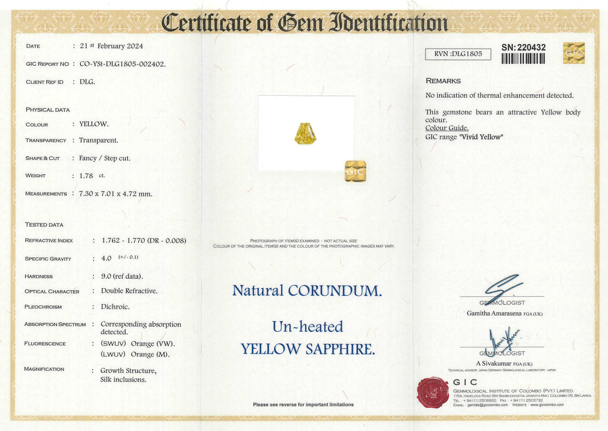 1.78 ct Vivid Yellow Sapphire Fancy Cut Natural Unheated