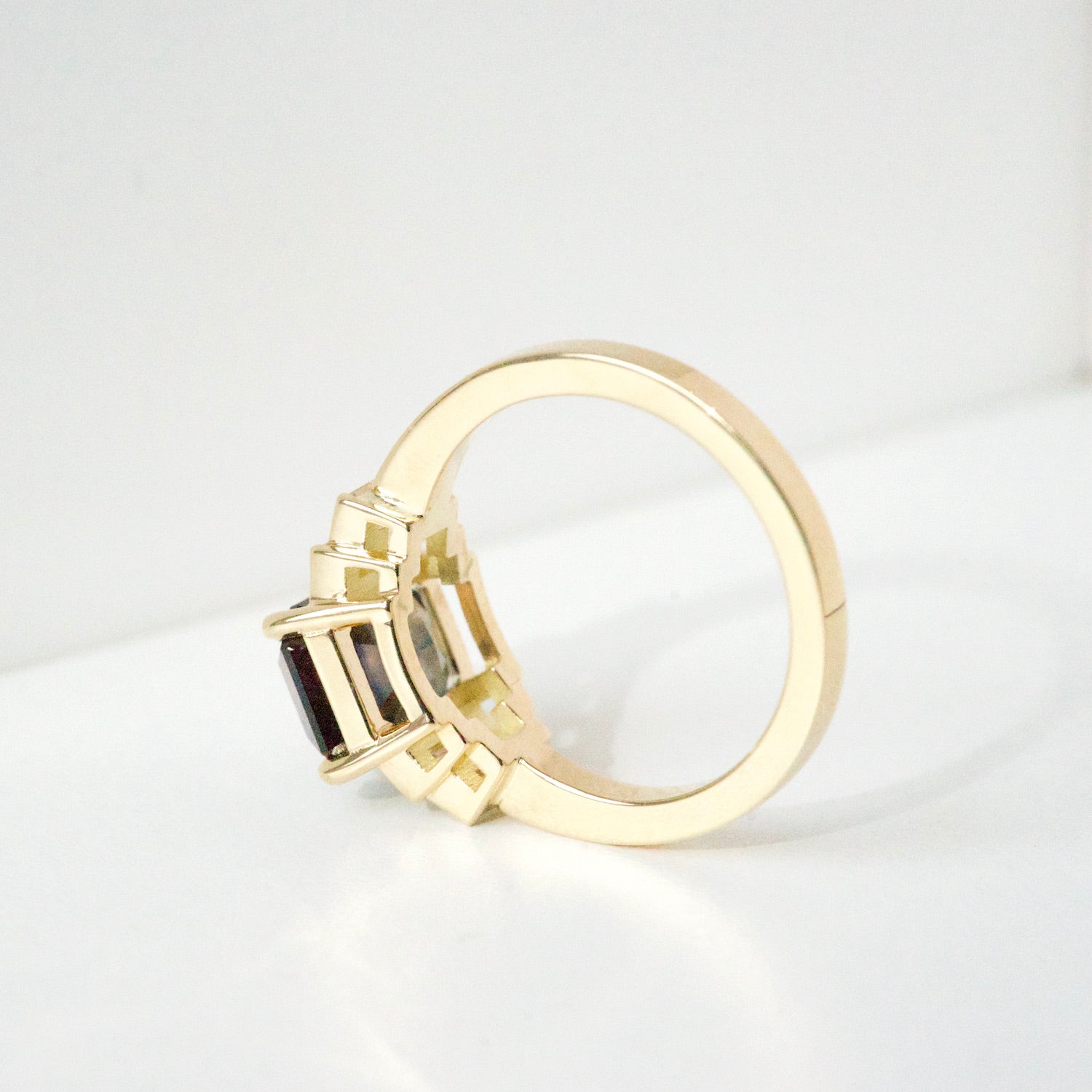 Teal Sapphire Diamond Art Deco Style Ring