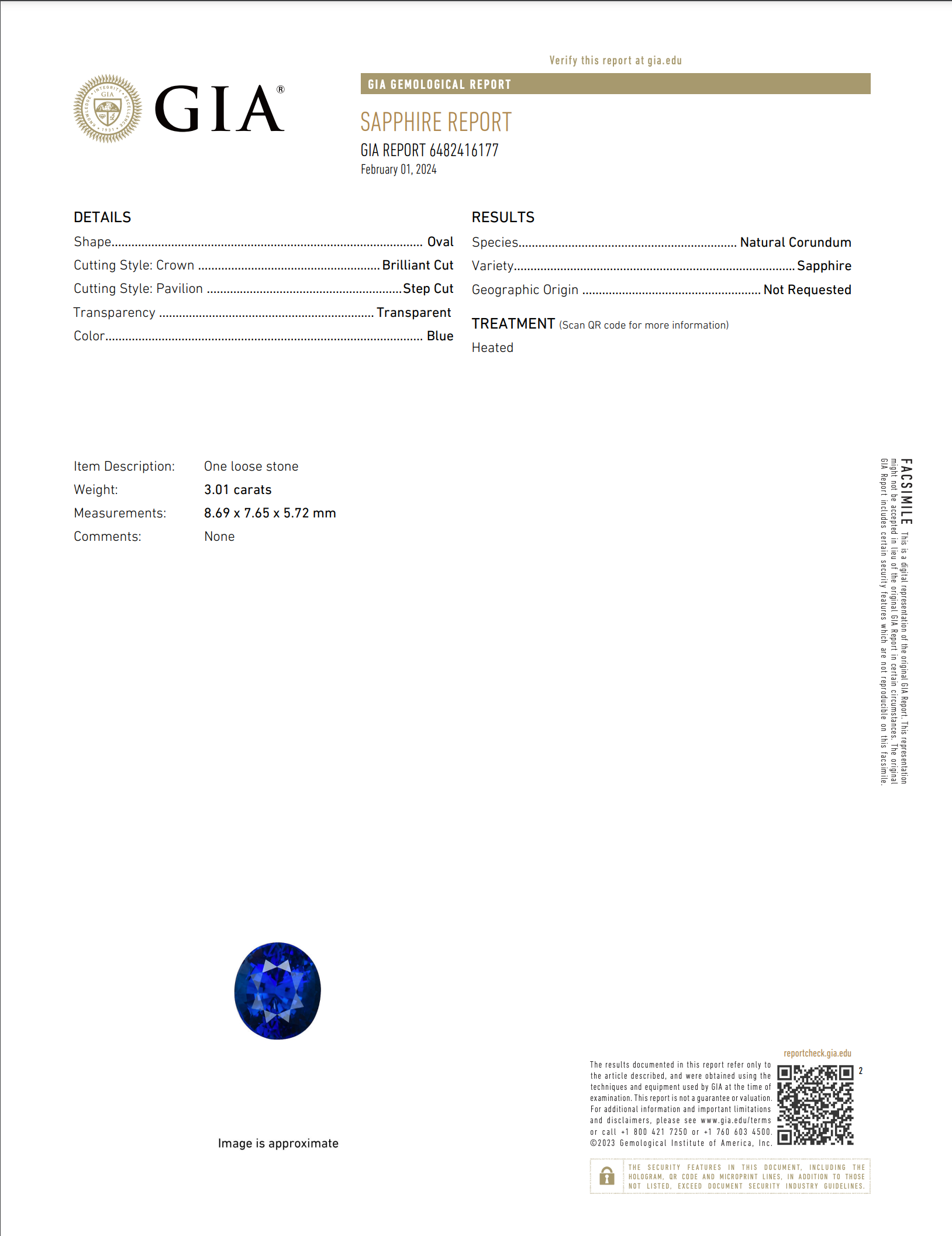 3.01 ct Royal Blue Sapphire Oval Heated GIA Certified Gemstone