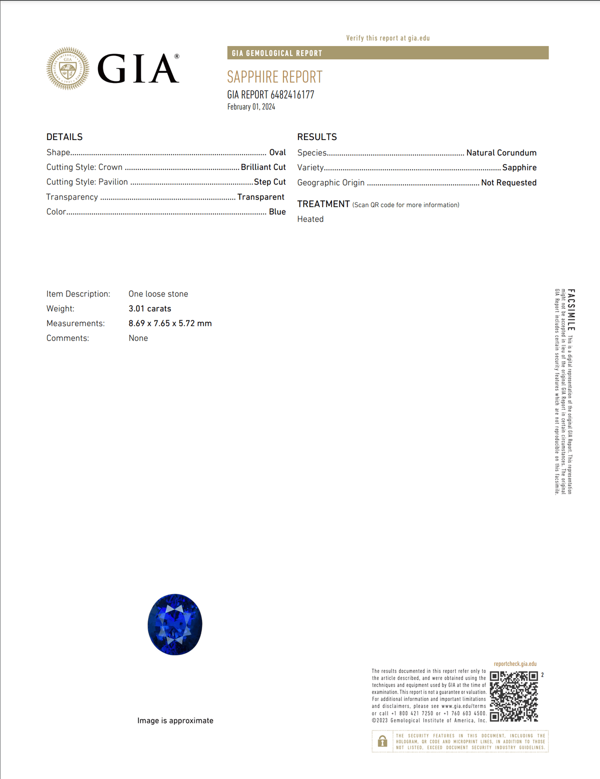 3.01 ct Royal Blue Sapphire Oval Heated GIA Certified Gemstone