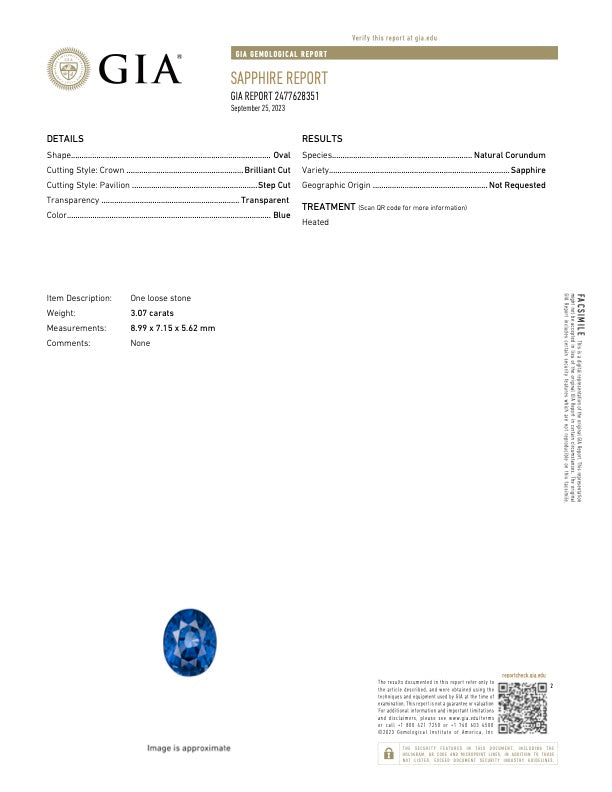 3.07 ct Blue Sapphire Oval Natural Heated GIA Certified Gems