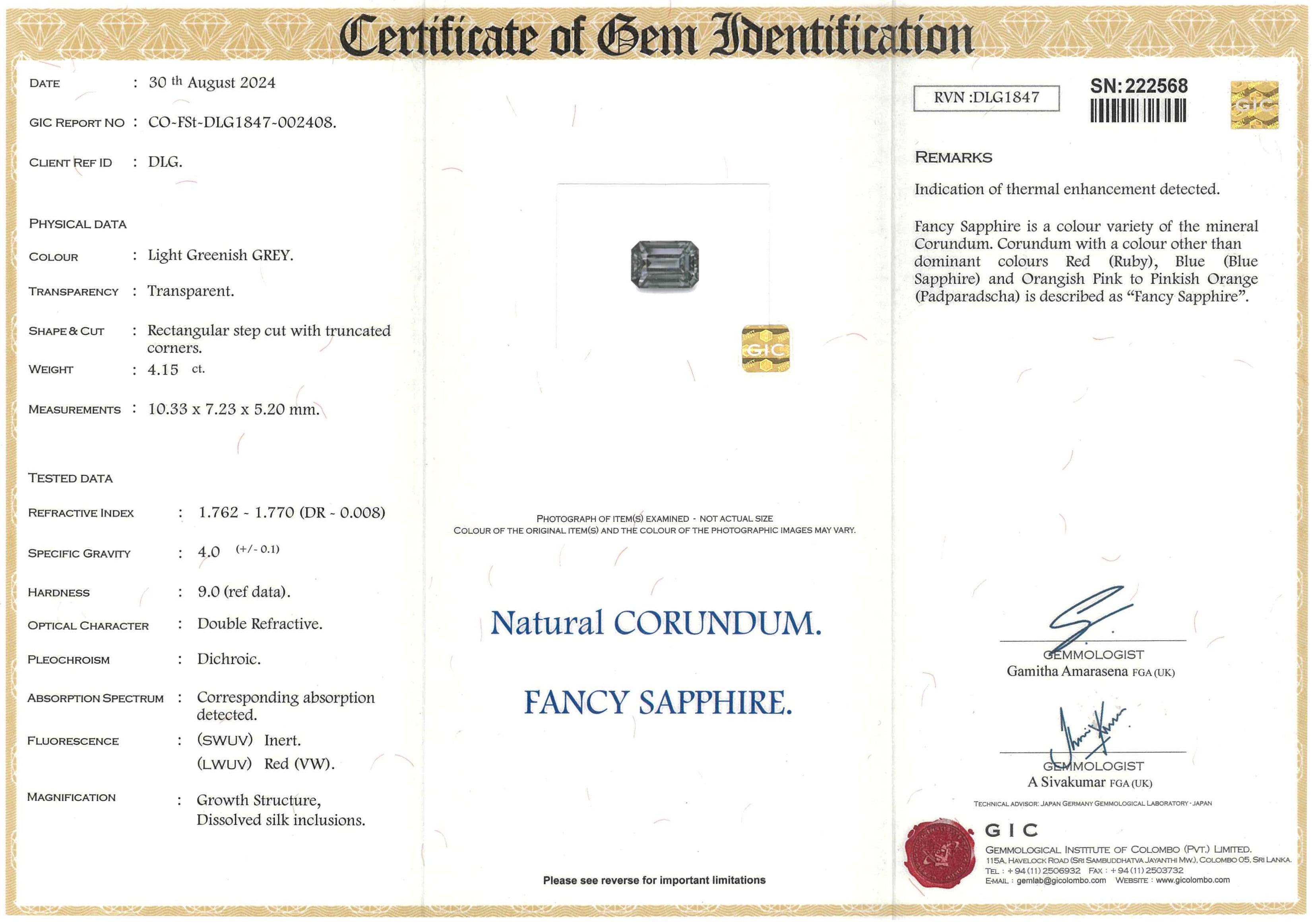 4.15 ct Ceylon Grey Sapphire Emerald Cut Natural Heated