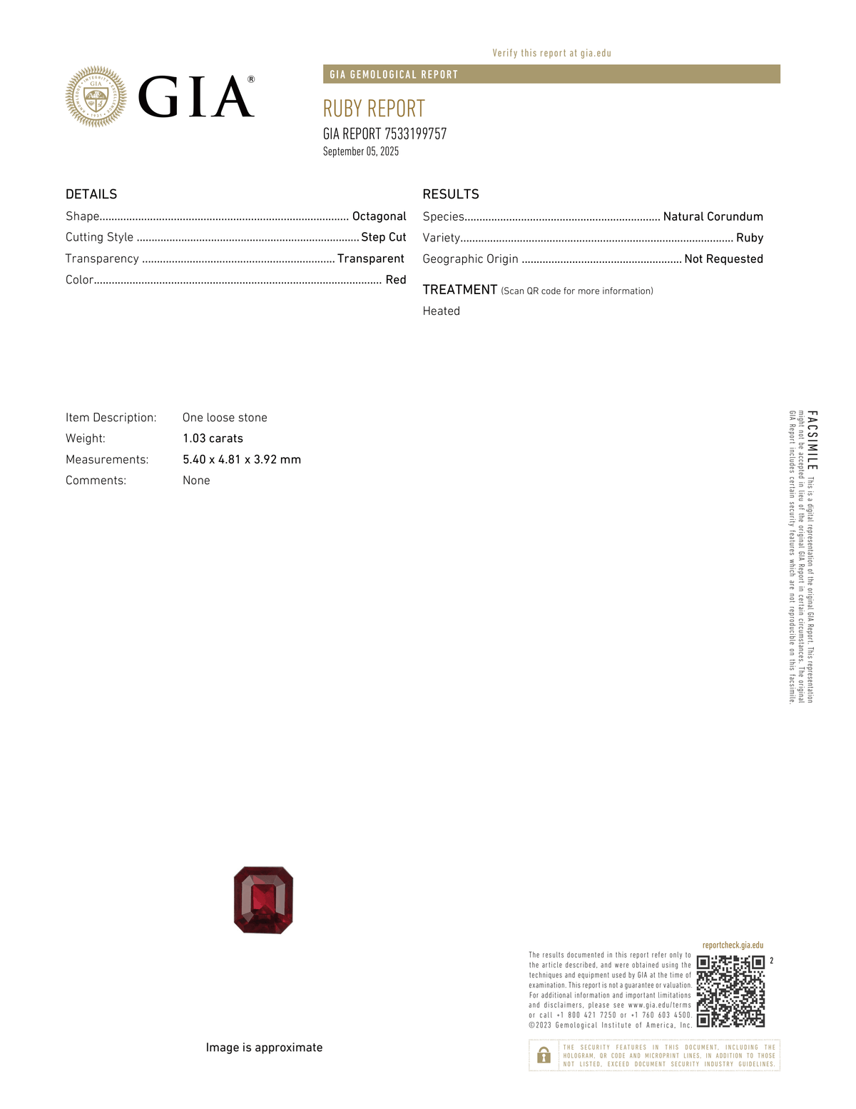 1.03 ct Red Emerald Cut Ruby Heated GIA