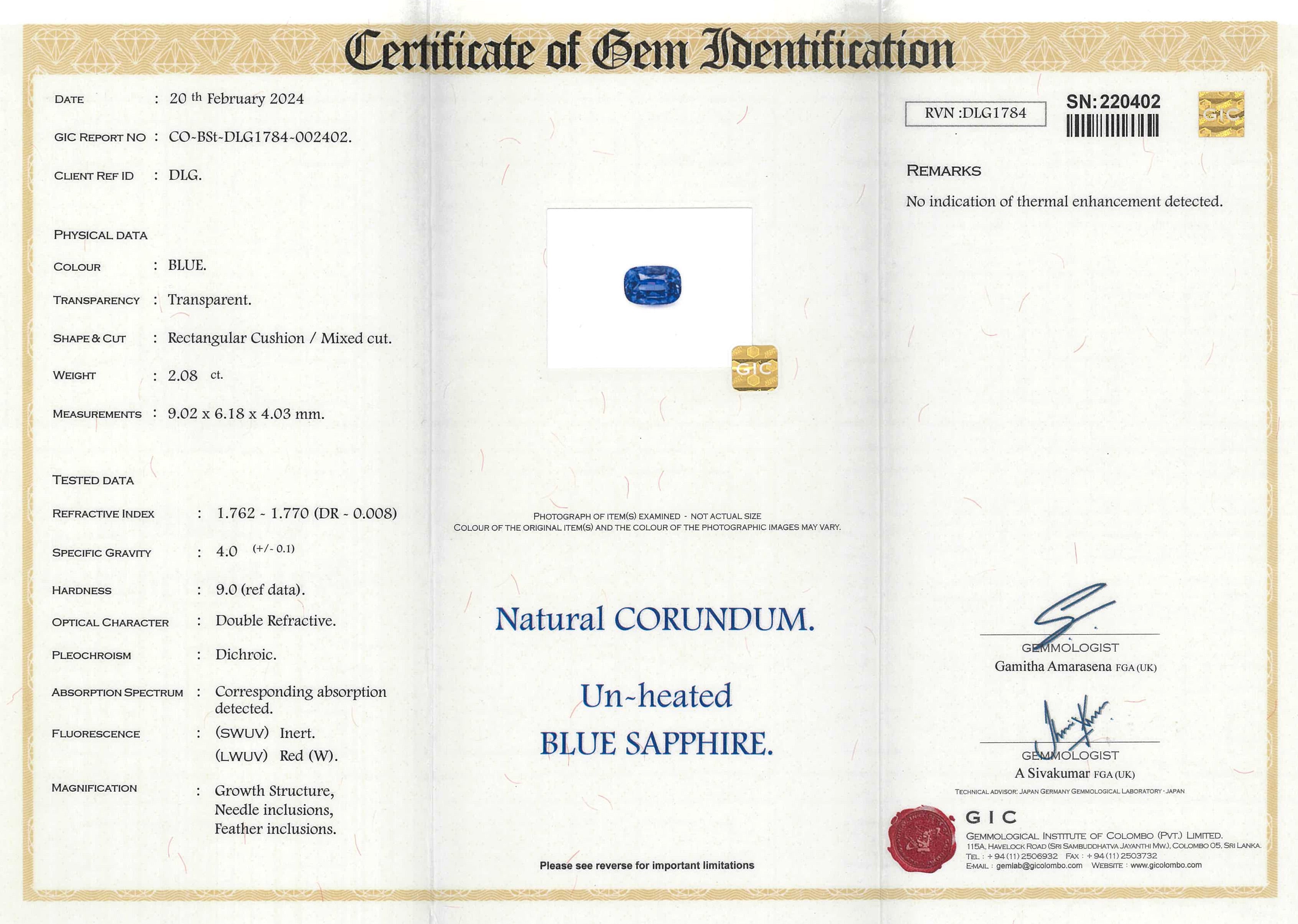 2.08 ct Cornflower Blue Sapphire Cushion Natural Unheated