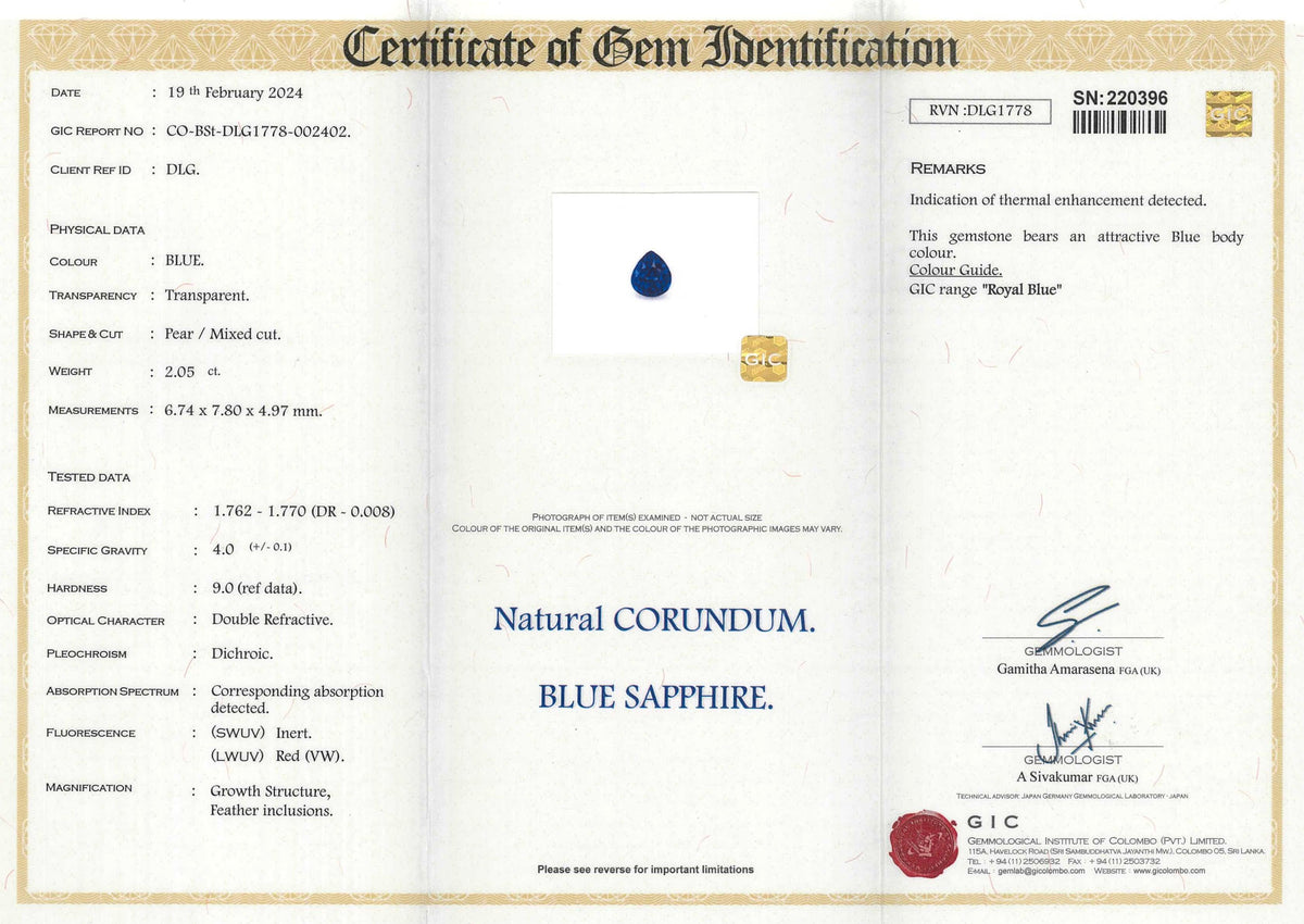 2.05 ct Royal Blue Sapphire Pear Natural Heated