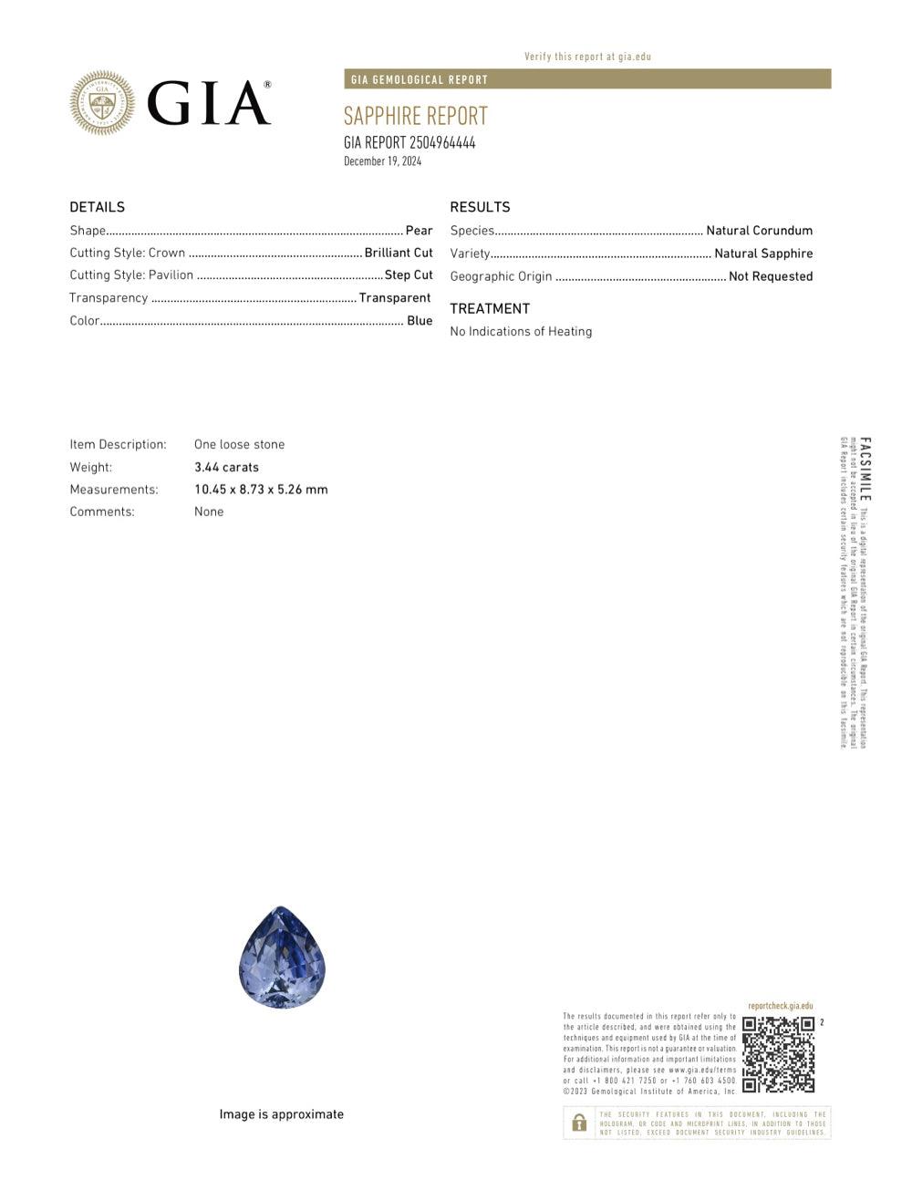 3.44 ct Blue Sapphire Pear GIA Certified Unheated Gems