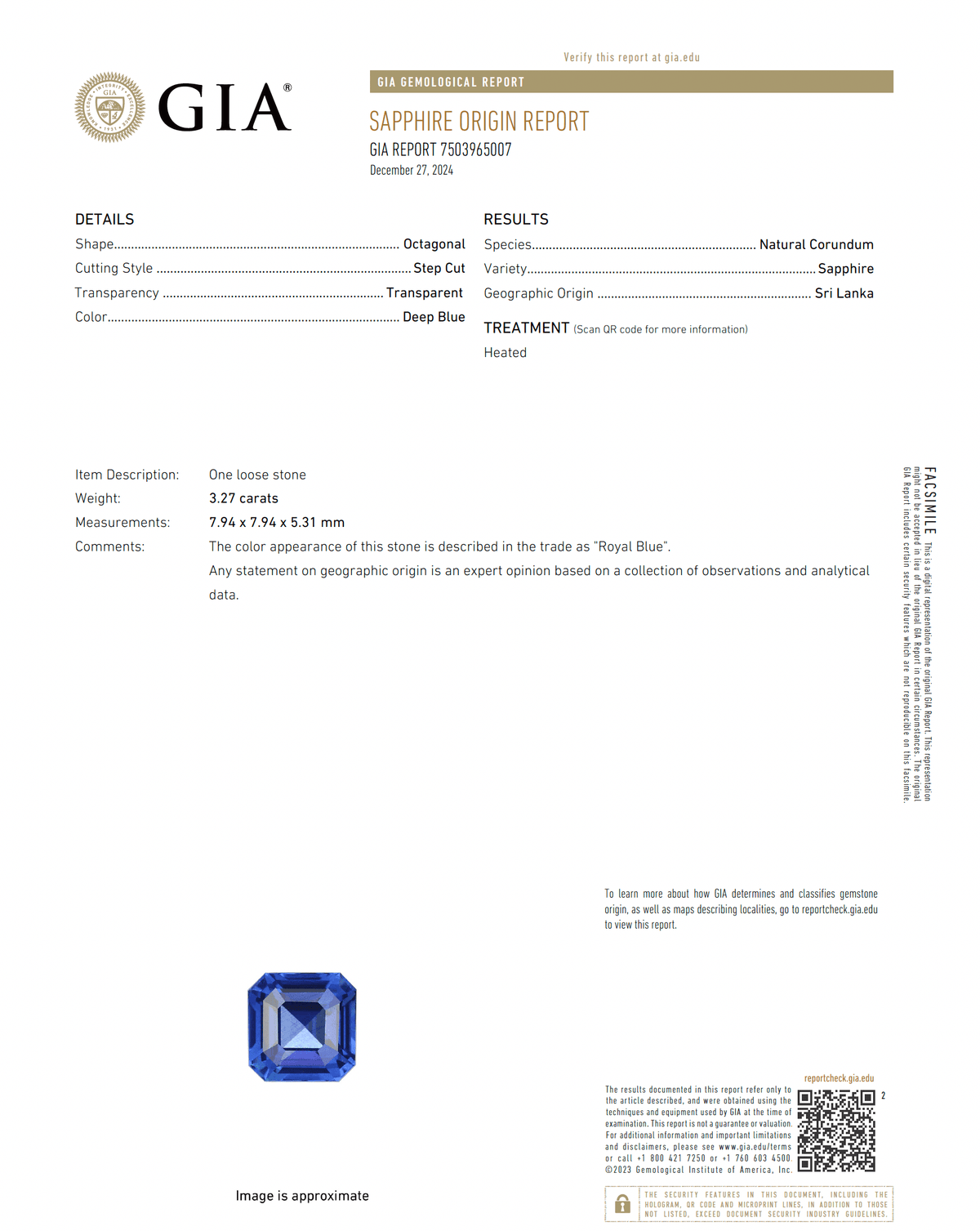 3.27 ct Royal Blue Octagon Sapphire Heated Sri Lanka GIA Certified