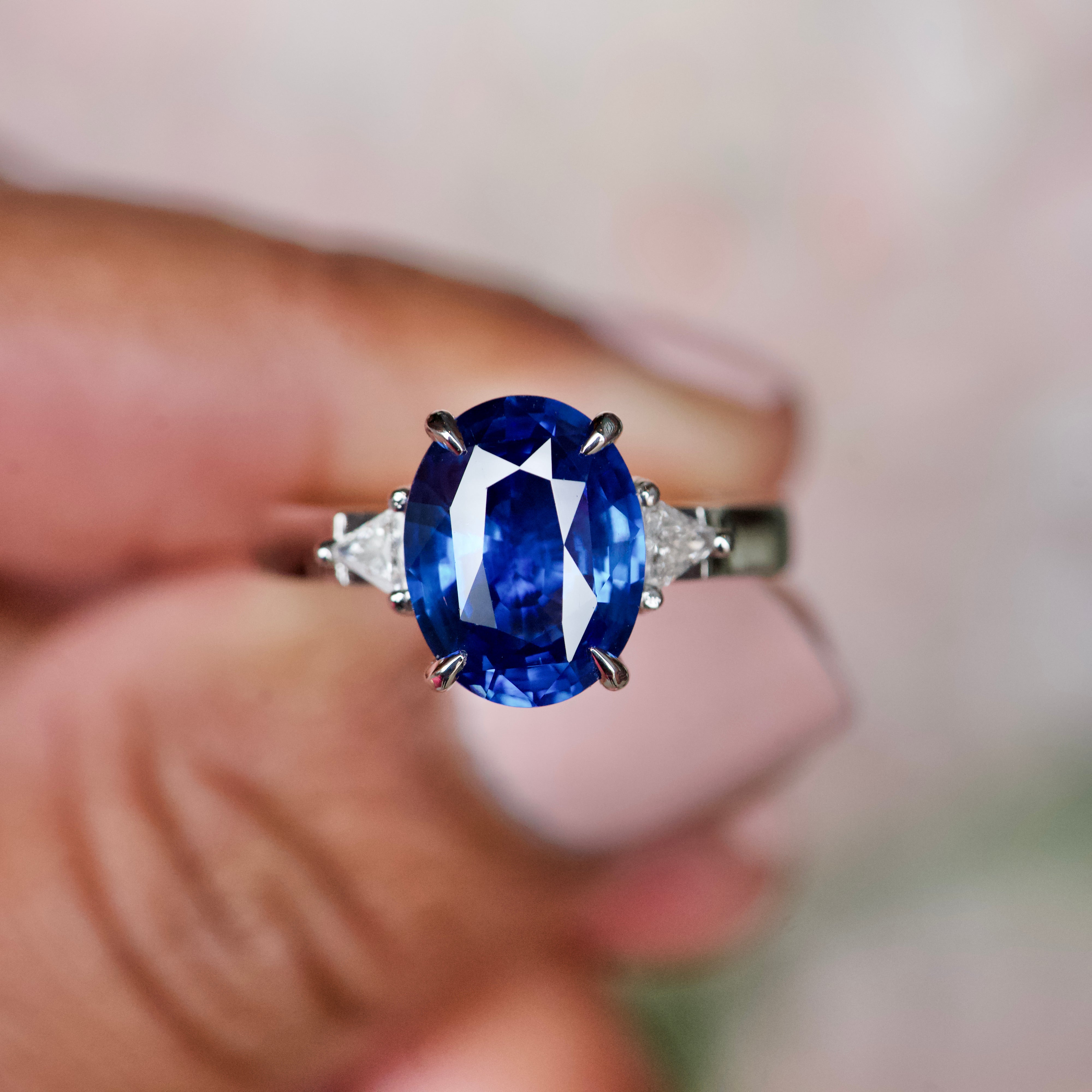Ceylon Blue Sapphire Diamond Trilogy Platinum Ring 5.02 ct