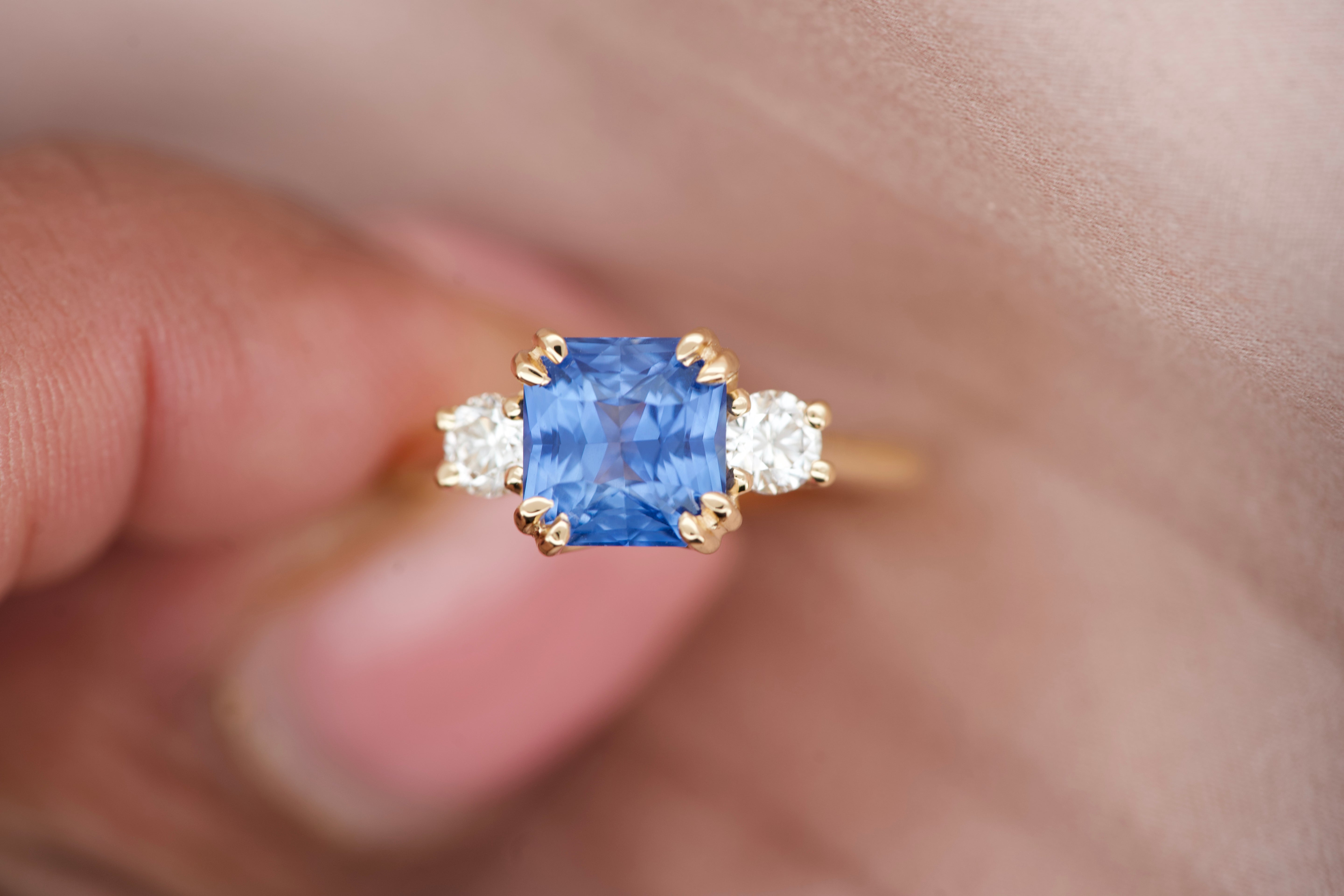 Radiant Cut Blue Sapphire Diamond Three Stone Engagement Ring