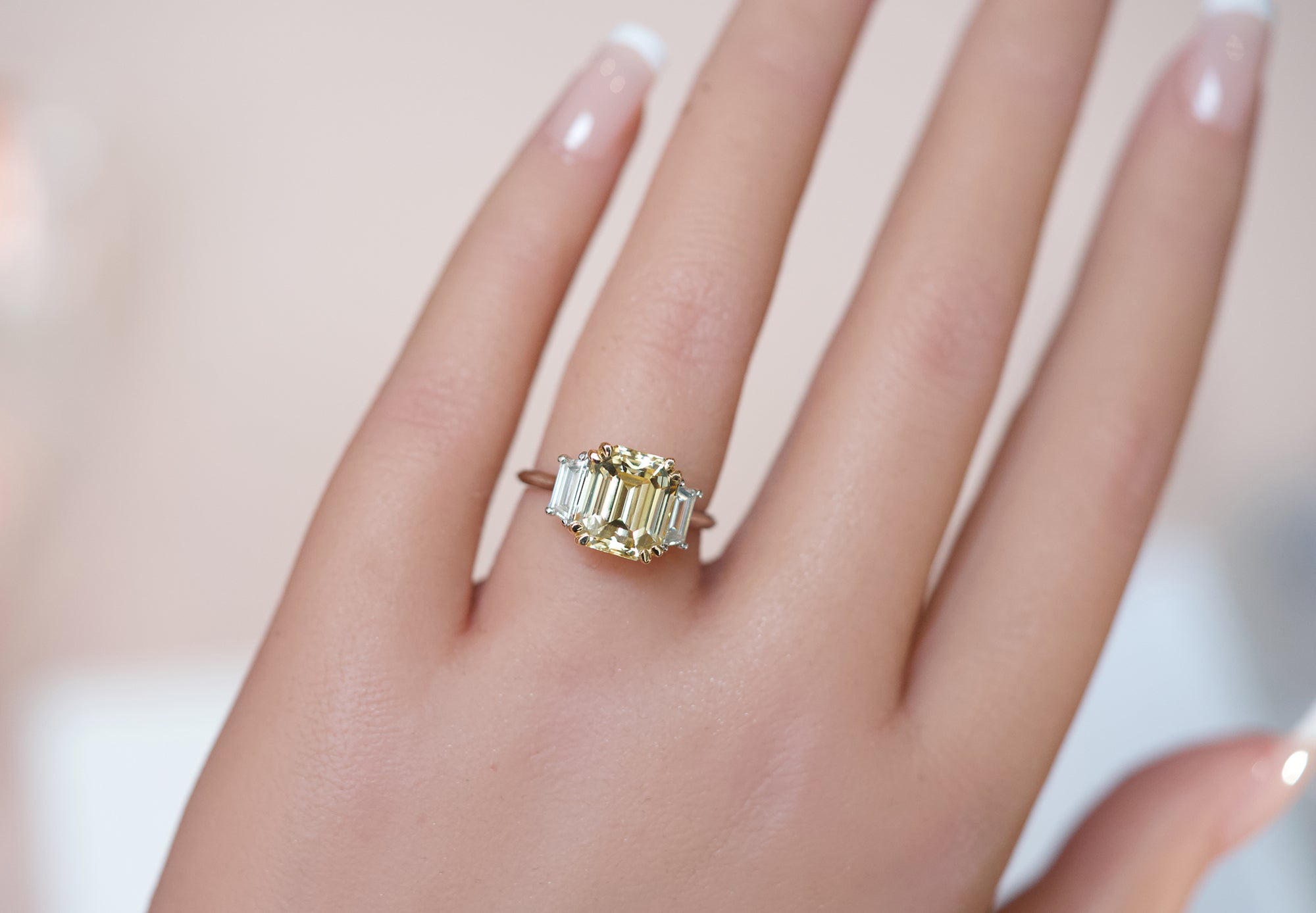 Yellow Sapphire Diamond Three Stone Ring - 5.25ct GIA Certified Emerald Cut