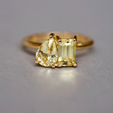 Pear and emerald cut yellow sapphire Toi et Moi ring