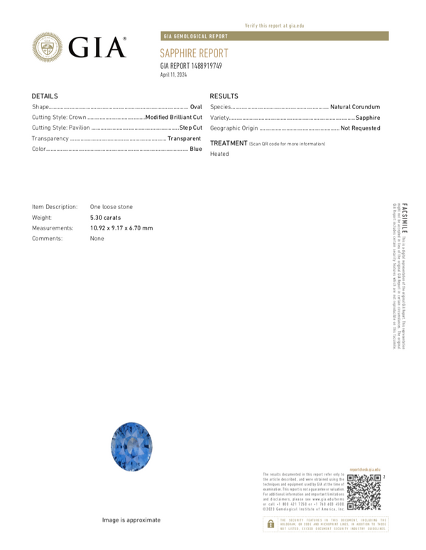 5.30 ct Vivid Medium Blue Sapphire Oval Heated GIA Certified
