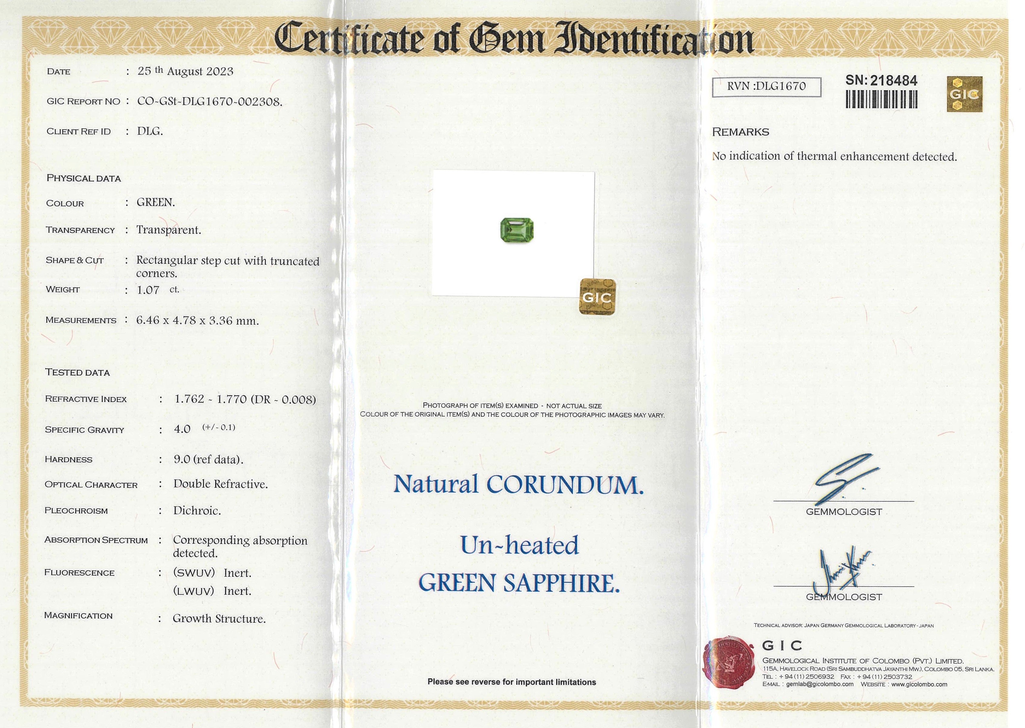 1.07 ct Green Sapphire Emerald Cut Natural Unheated