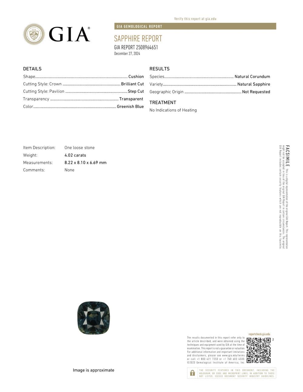 4.02 ct Teal Sapphire Cushion GIA Unheated Gems