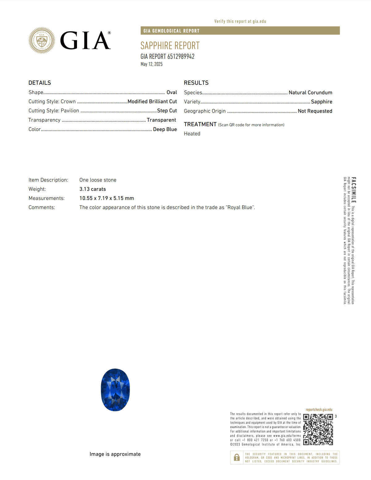 3.13 ct Royal Blue Oval Sapphire GIA Heated Gem Sri Lanka