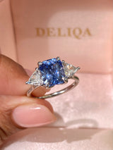 Ceylon sapphire three-stone ring in natural light