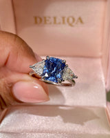 Close-up radiant cut sapphire engagement ring