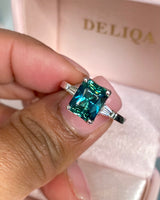 Emerald Cut Teal Sapphire Baguette Diamond Engagement Ring