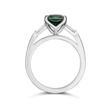 Teal sapphire and diamond three-stone ring in platinum