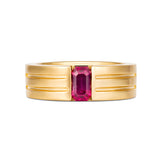 Emerald cut ruby men’s band ring in yellow gold