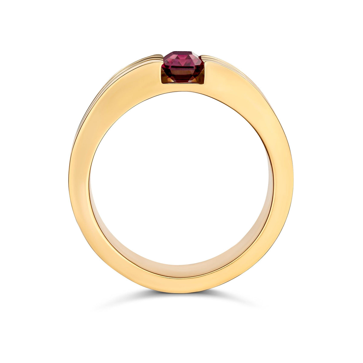 Ruby wedding band in yellow gold
