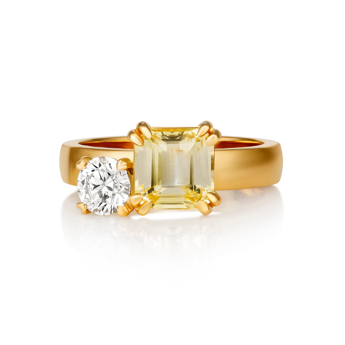 Yellow sapphire diamond two stone ring in yellow gold