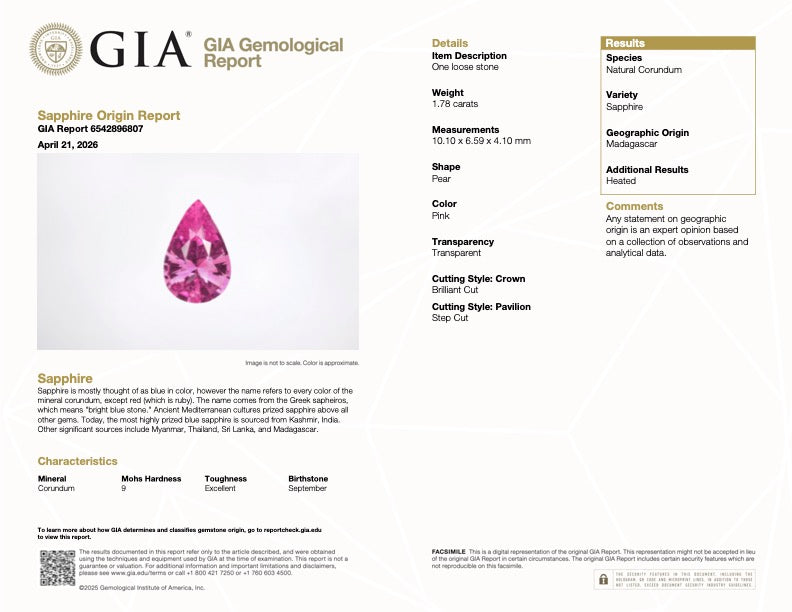 1.78 ct Lotus Pink Sapphire Pear Natural Heated Ceylon gem