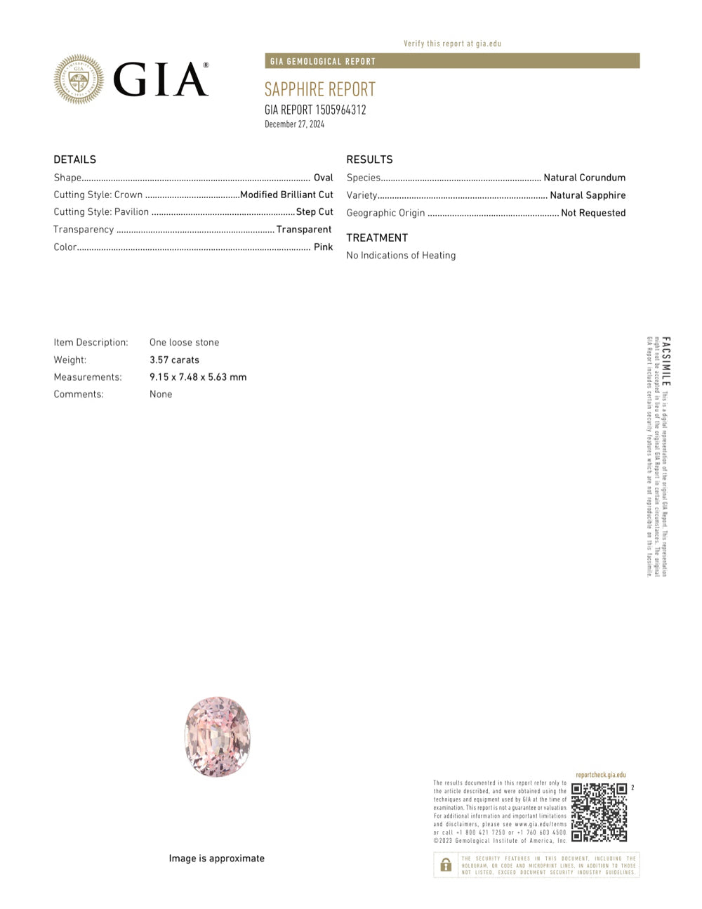 3.57 ct Peach Sapphire Oval Unheated GIA Certified