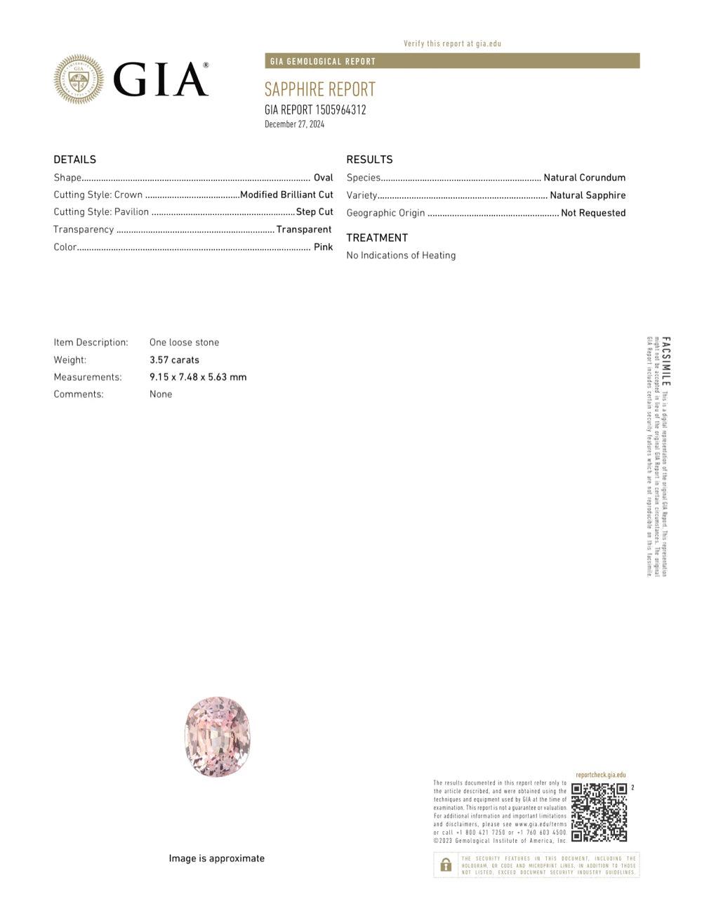 3.57 ct Peach Sapphire Oval Unheated GIA Certified