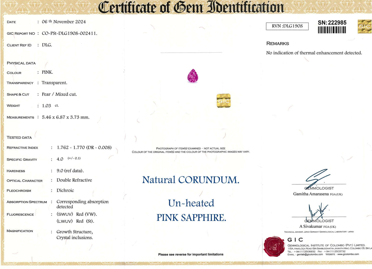 Certificate of authenticity of teardrop shape pink sapphire