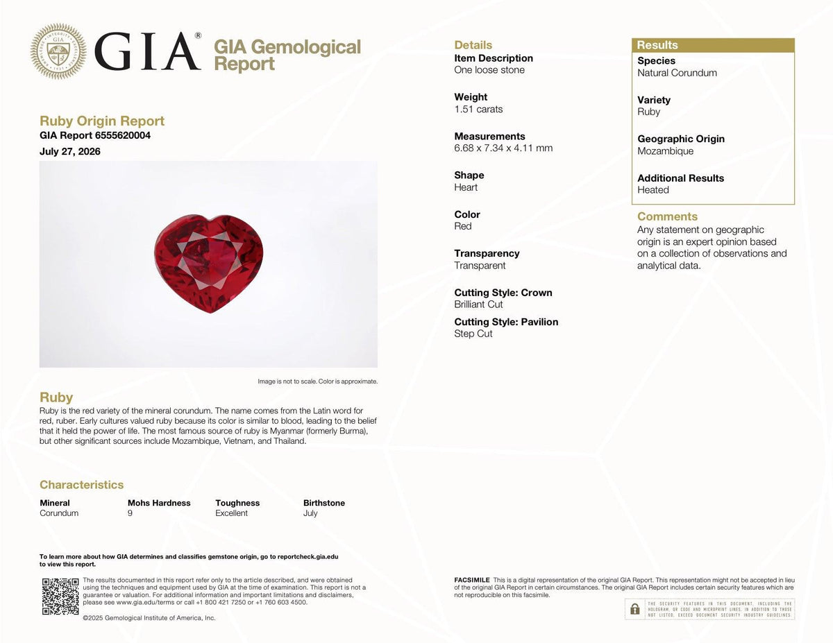 1.51 ct Red Ruby GIA Certified Heated Heart Cut Gemstone