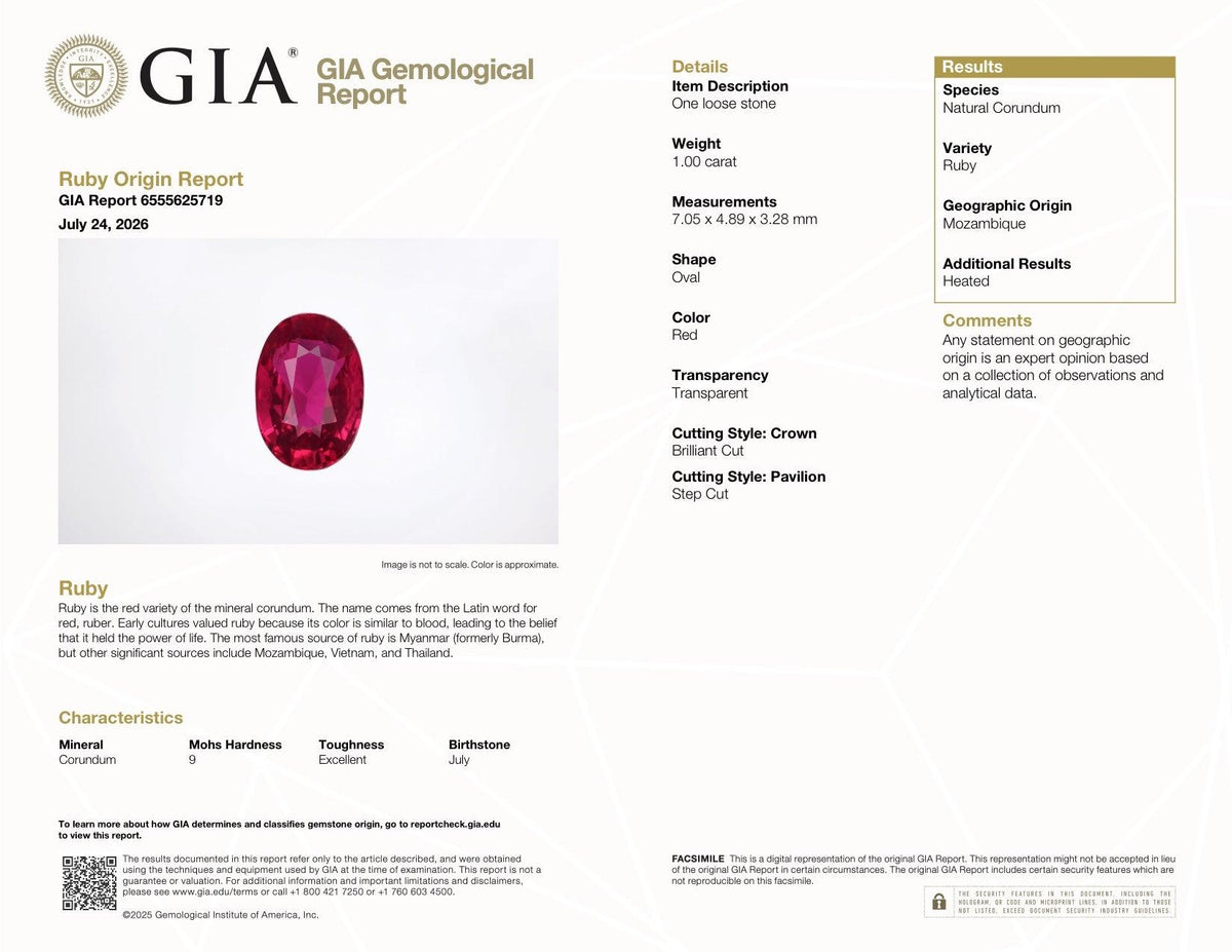 1.00 ct Red Ruby GIA Certified Heated Oval Cut Gemstone