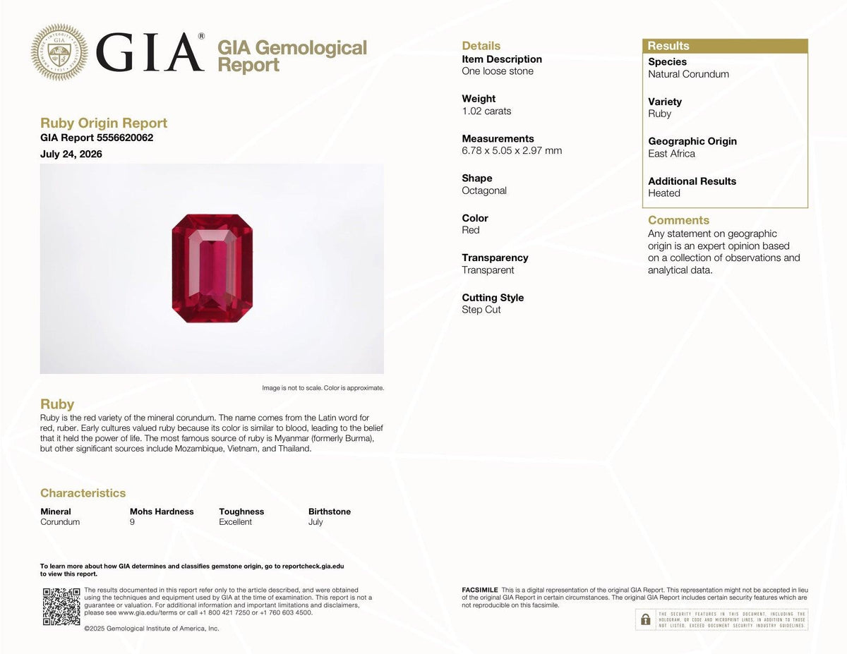 1.02 ct Red Ruby GIA Certified Heated Emerald Cut Gem