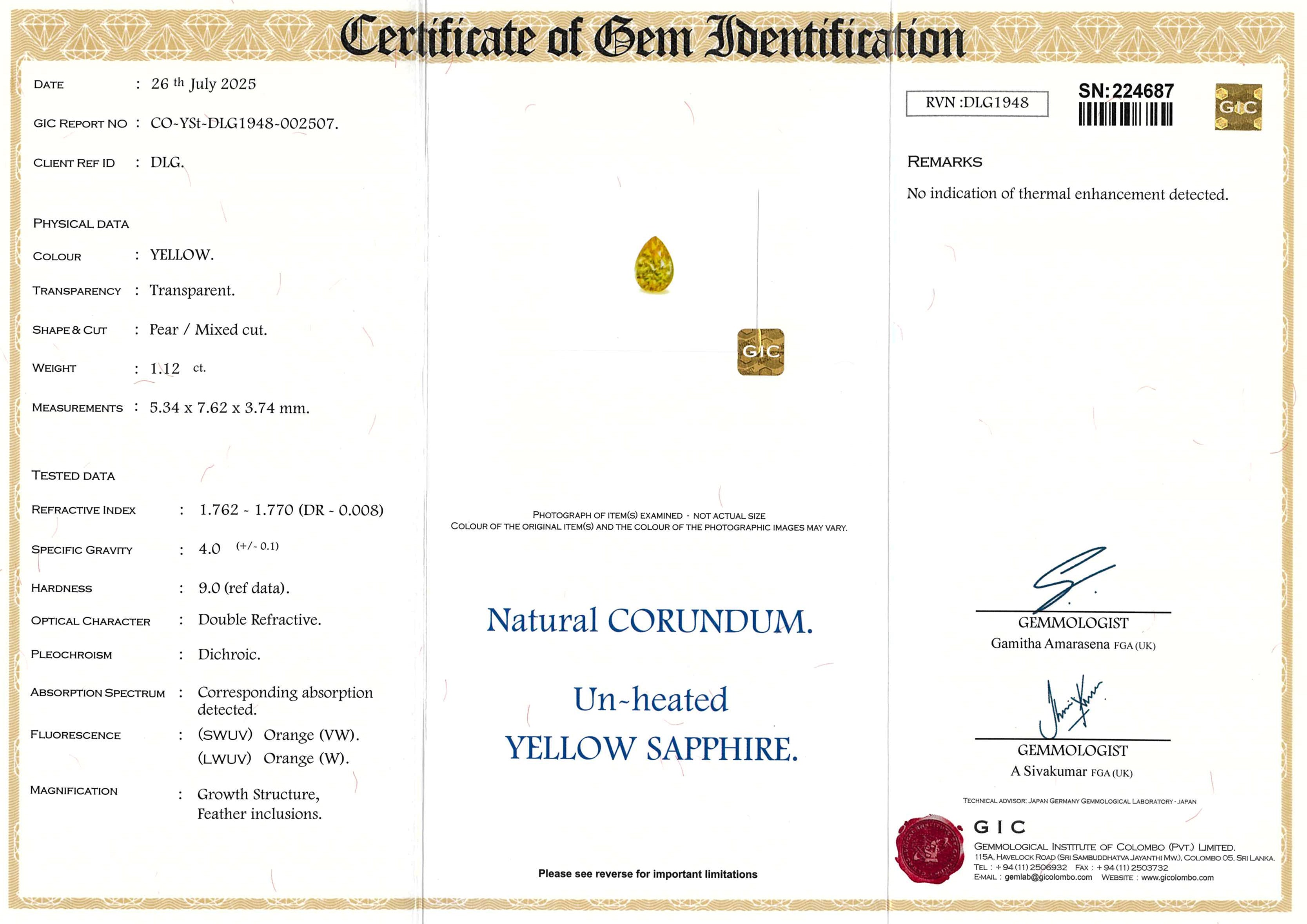 1.12 ct Yellow Pear Ceylon Sapphire Unheated Gem