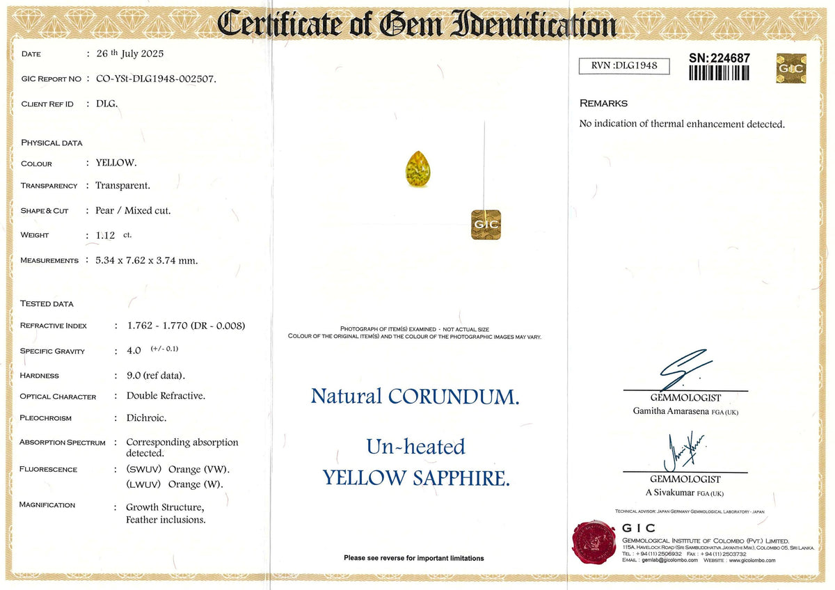 1.12 ct Yellow Pear Ceylon Sapphire Unheated Gem