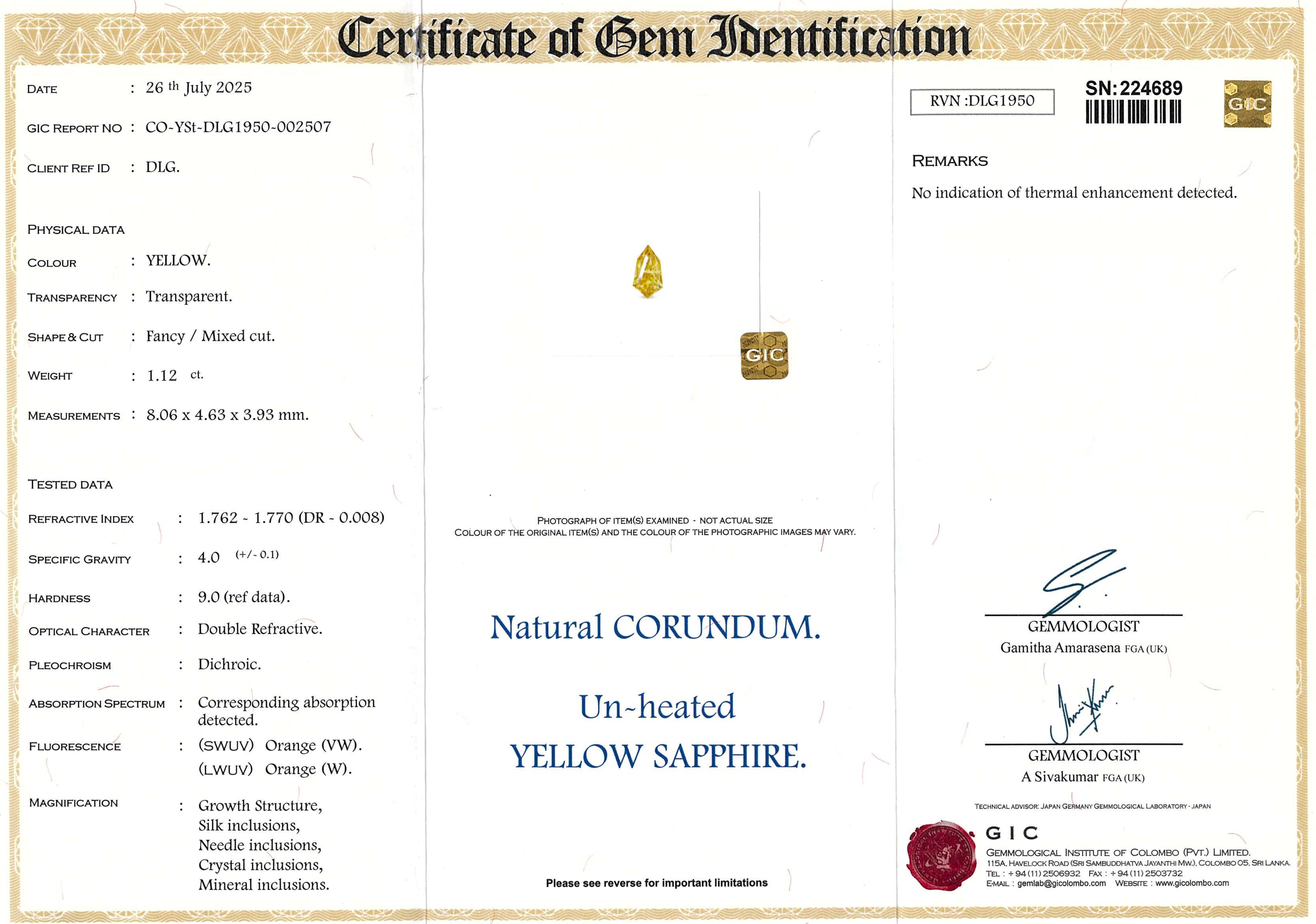 1.12 ct Yellow Fancy Cut Ceylon Sapphire Unheated Gem