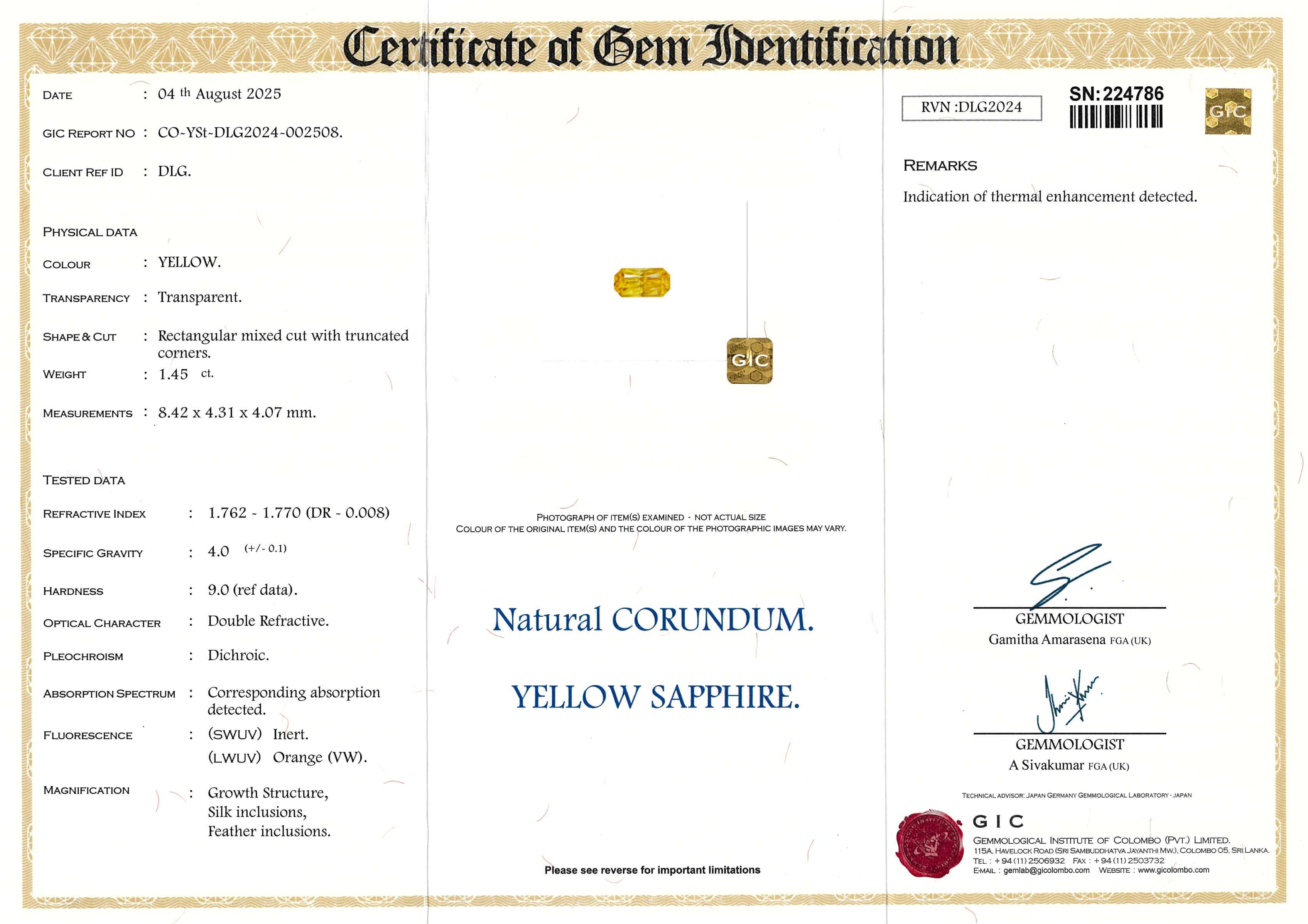 1.45 ct Yellow Radiant Cut Ceylon Sapphire Heated Gemstone