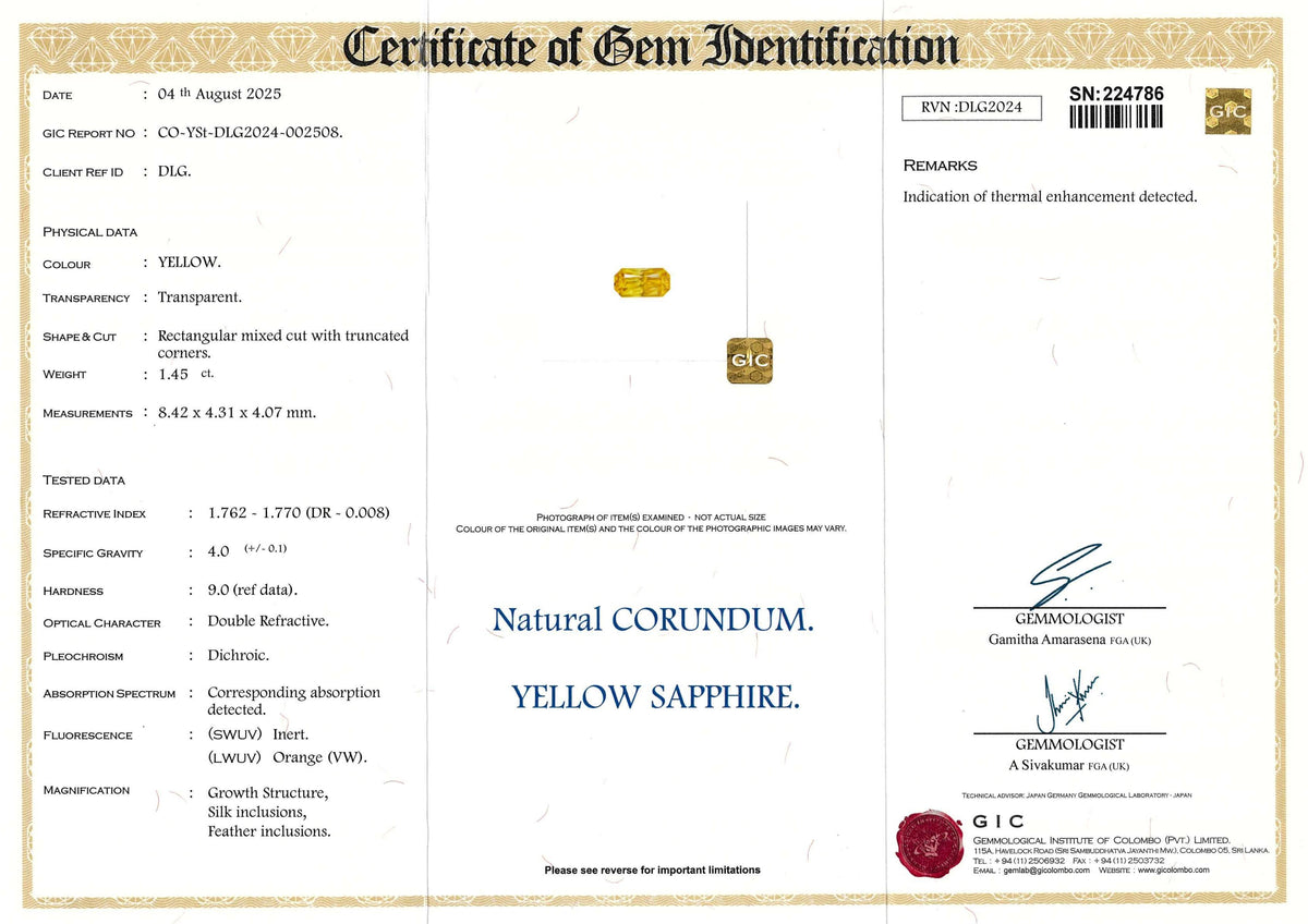 1.45 ct Yellow Radiant Cut Ceylon Sapphire Heated Gemstone