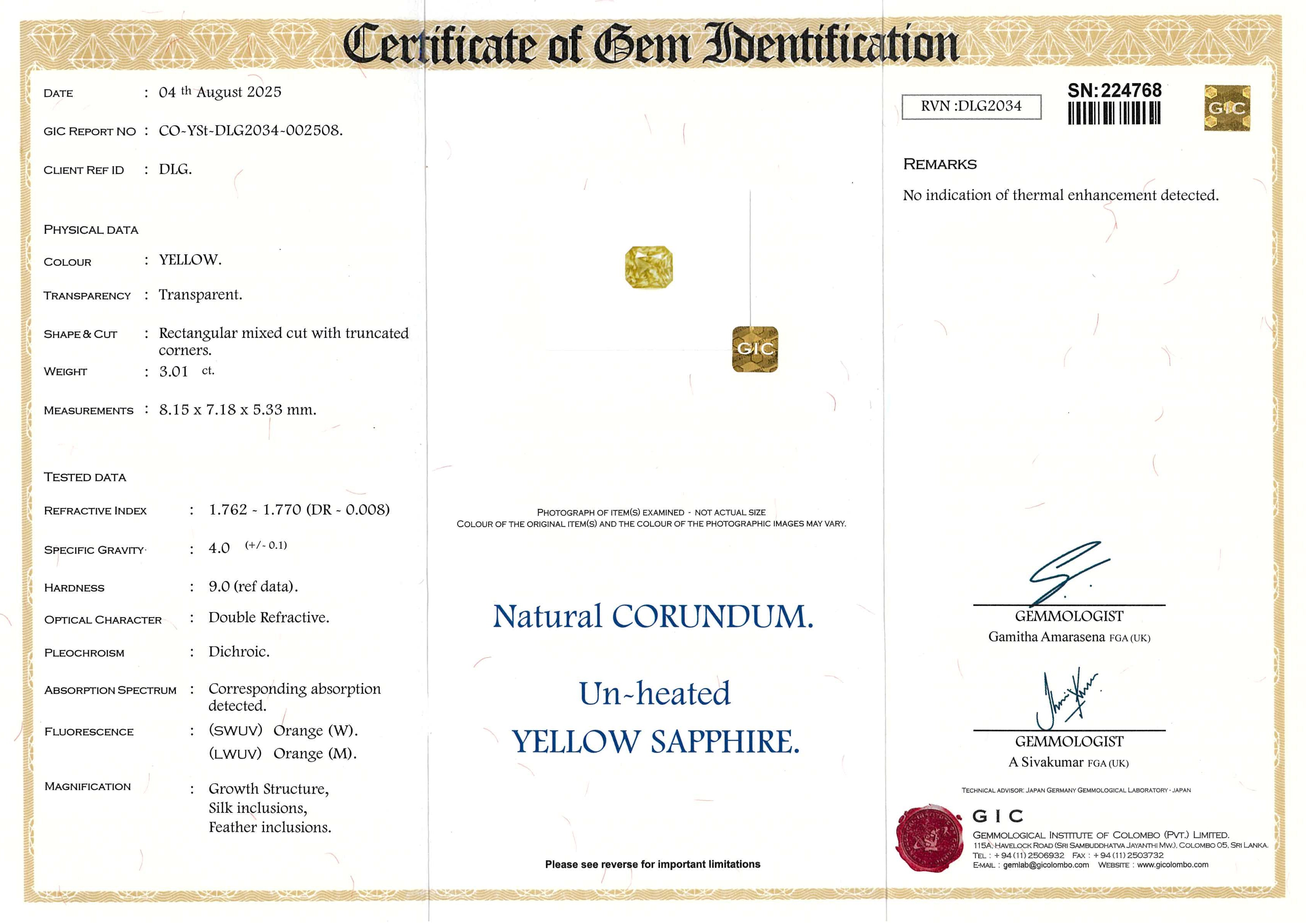 3.01 ct Yellow Radiant Cut Ceylon Sapphire Unheated Gemstone