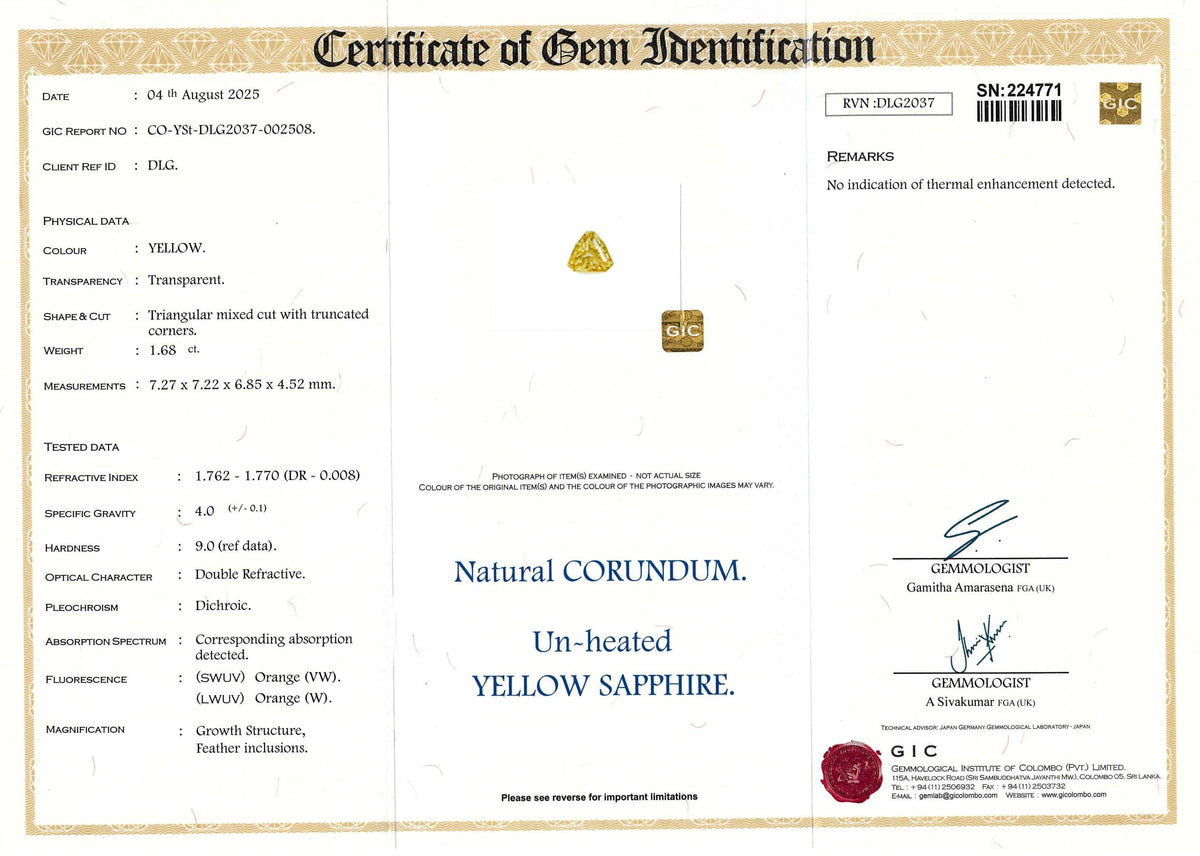 1.68 ct Yellow Triangular Unique Cut Ceylon Sapphire Unheated Gem