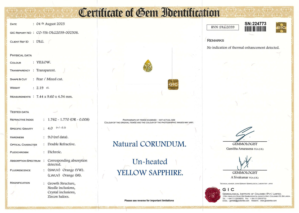 2.19 ct Yellow Pear Ceylon Sapphire Unheated Gem