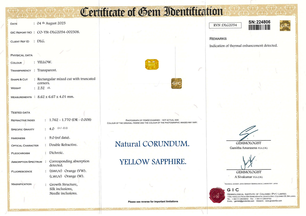 2.52 ct Yellow Radiant Cut Ceylon Sapphire Heated Gemstone