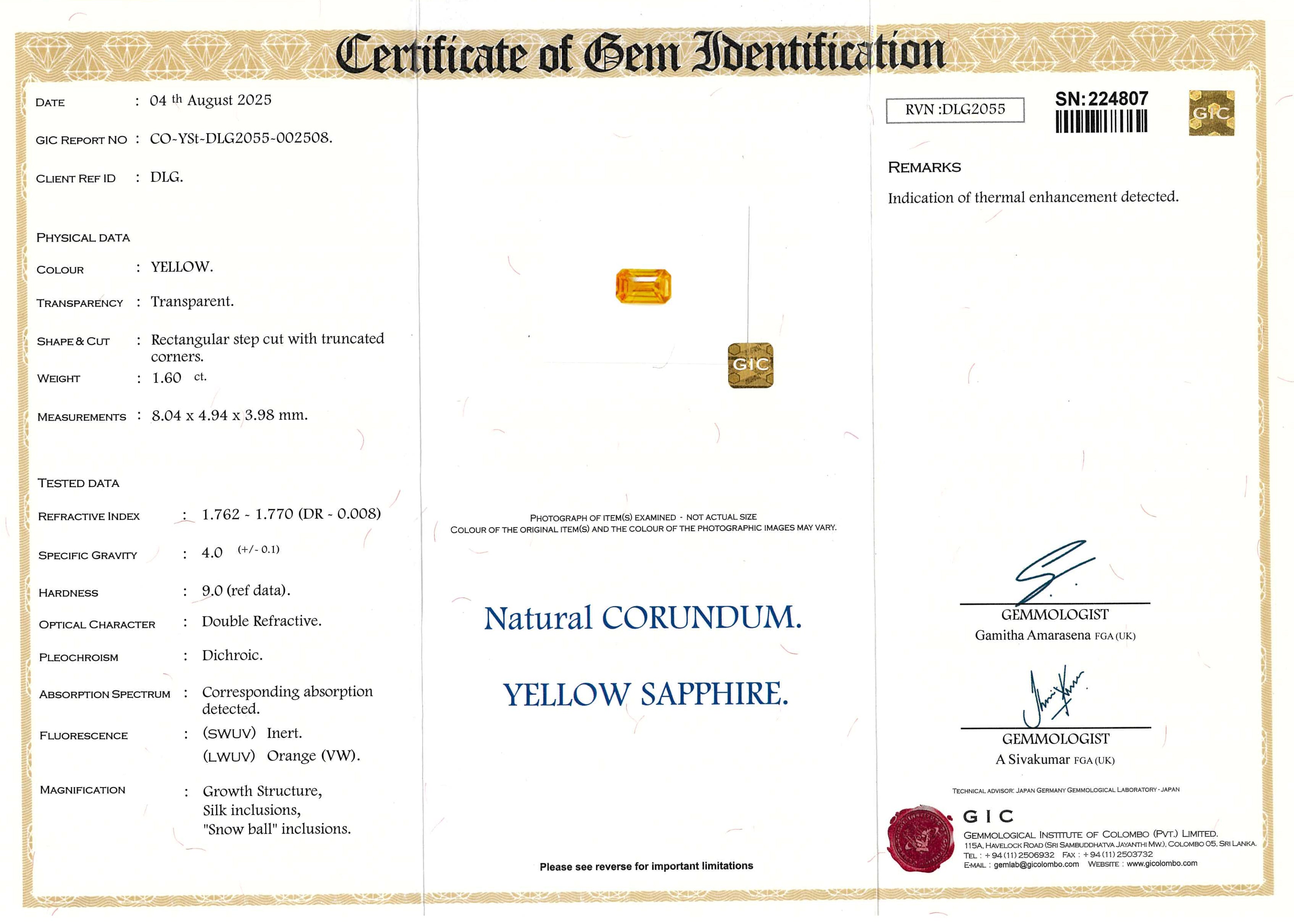 1.60 ct Yellow Emerald Cut Ceylon Sapphire Heated Gem