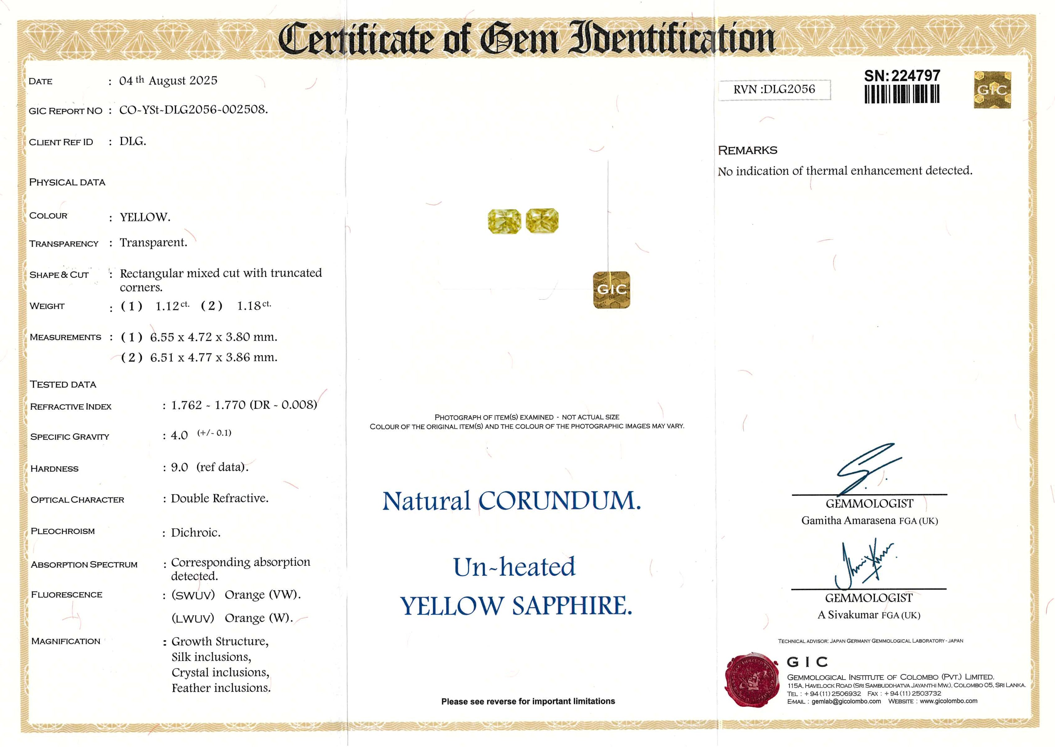 2.30 ctw Yellow Radiant Cut Pair Ceylon Sapphire Unheated Gemstones