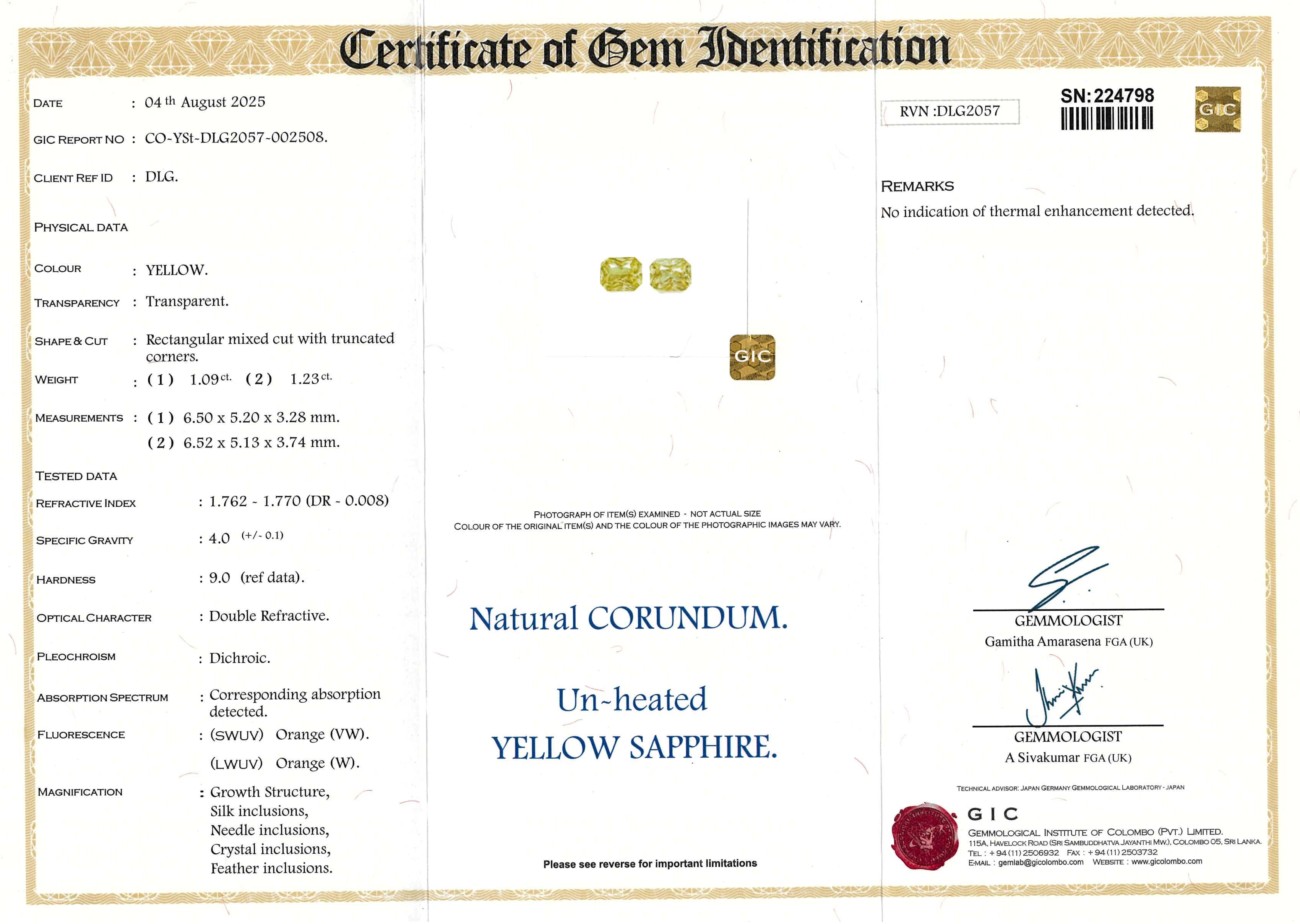 2.32 ctw Yellow Radiant Cut Pair Ceylon Sapphire Unheated Gems