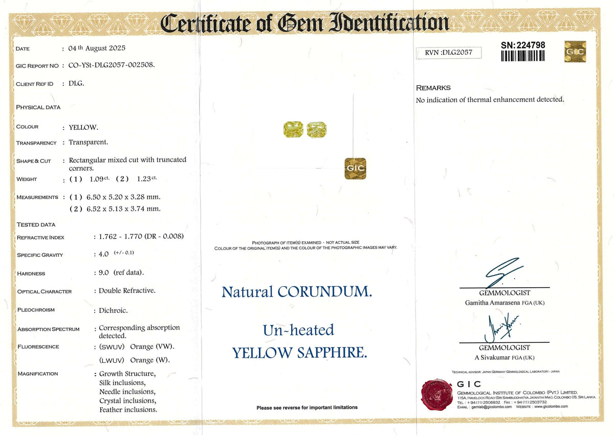 2.32 ctw Yellow Radiant Cut Pair Ceylon Sapphire Unheated Gems