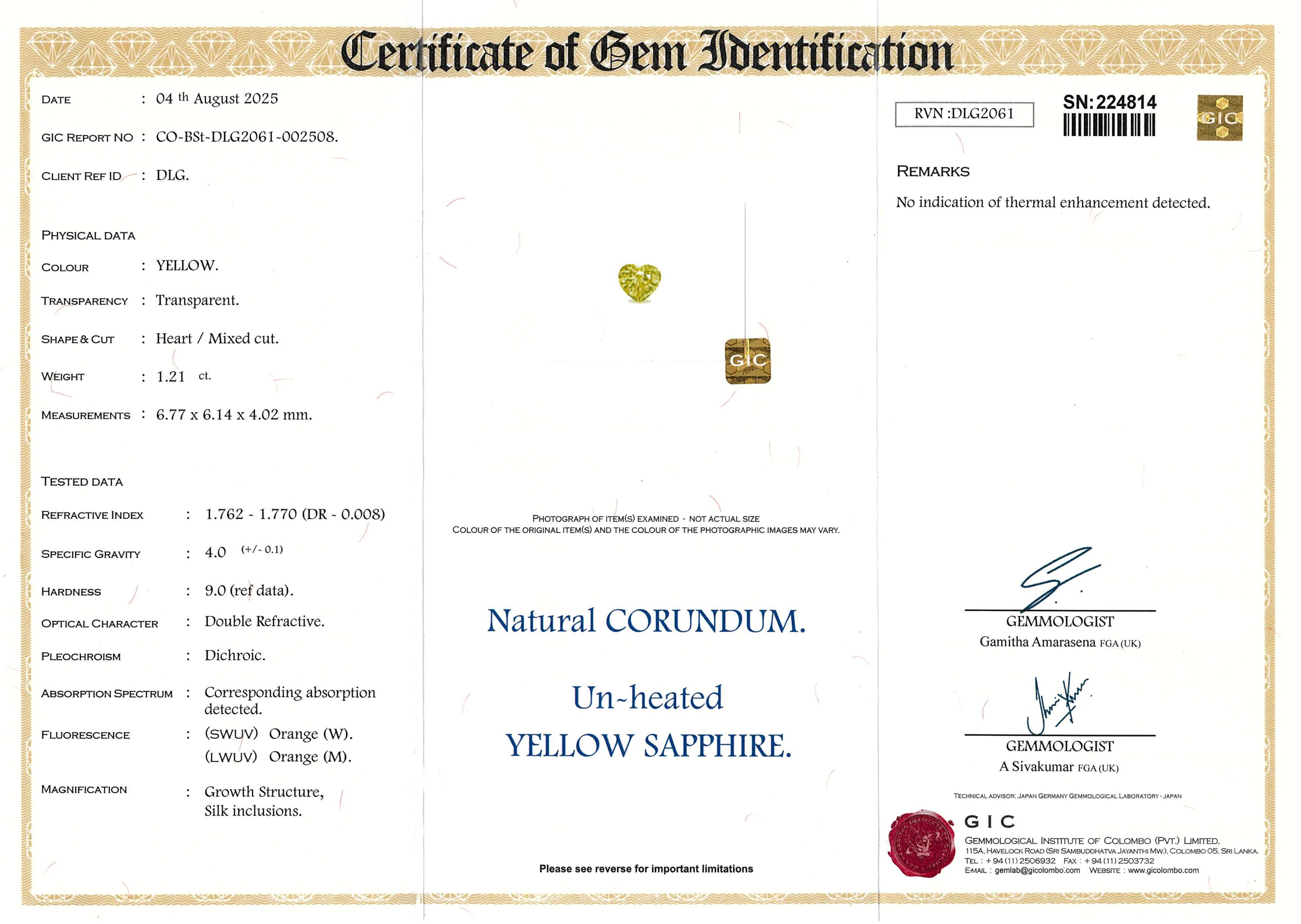 1.21 ct Yellow Heart Ceylon Sapphire Unheated Gem