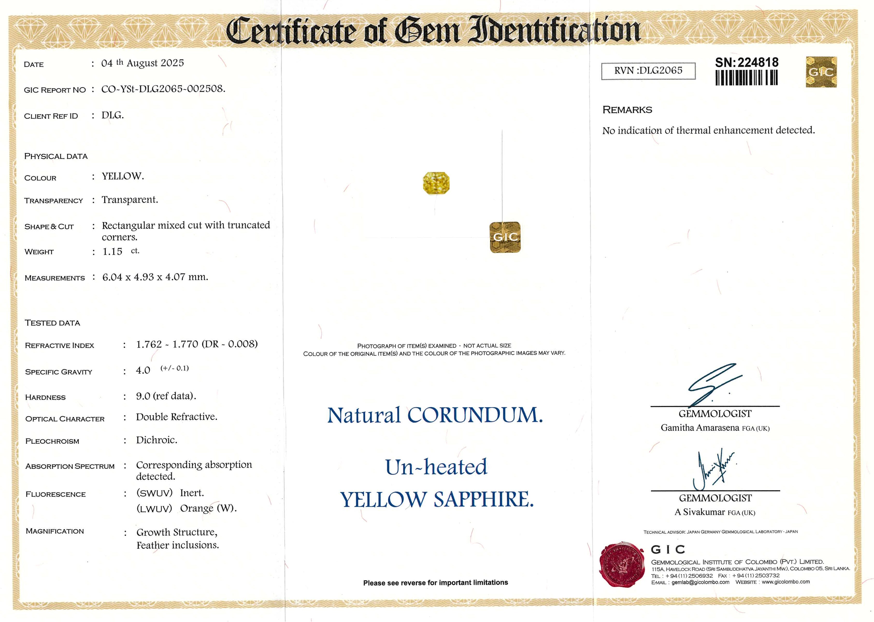 1.15 ct Canary Yellow Radiant Cut Ceylon Sapphire Unheated Gemstone